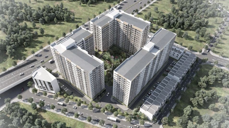 Phối cảnh tổng thể một khu nhà ở nhiều toà nhìn từ trên cao